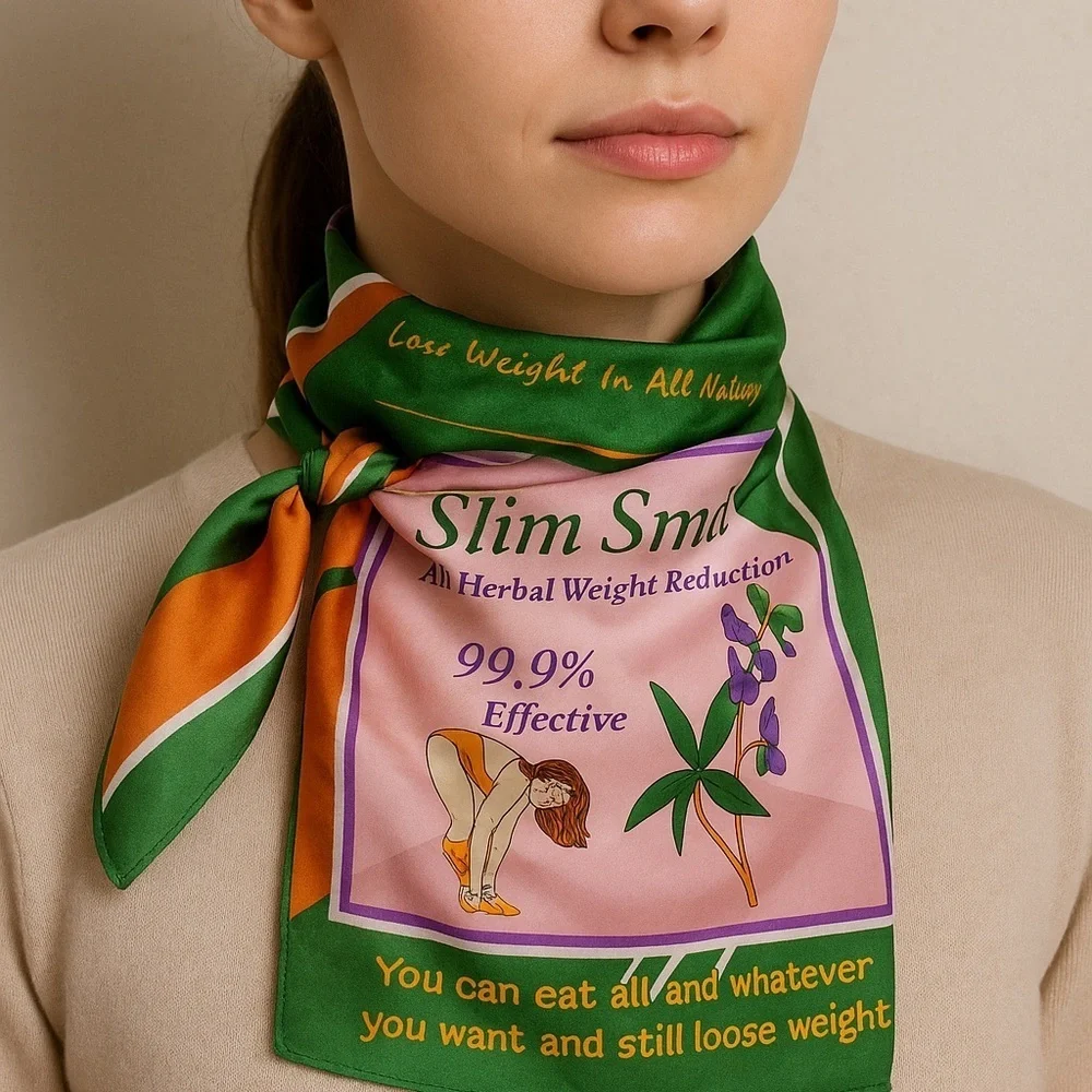 Vintage Silk Scarf “Slim Smile” – Retro Weight Loss Ad Parody – 19”x19”